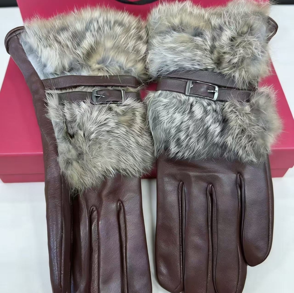 Valentino Brown Leather Fur Trim Gloves